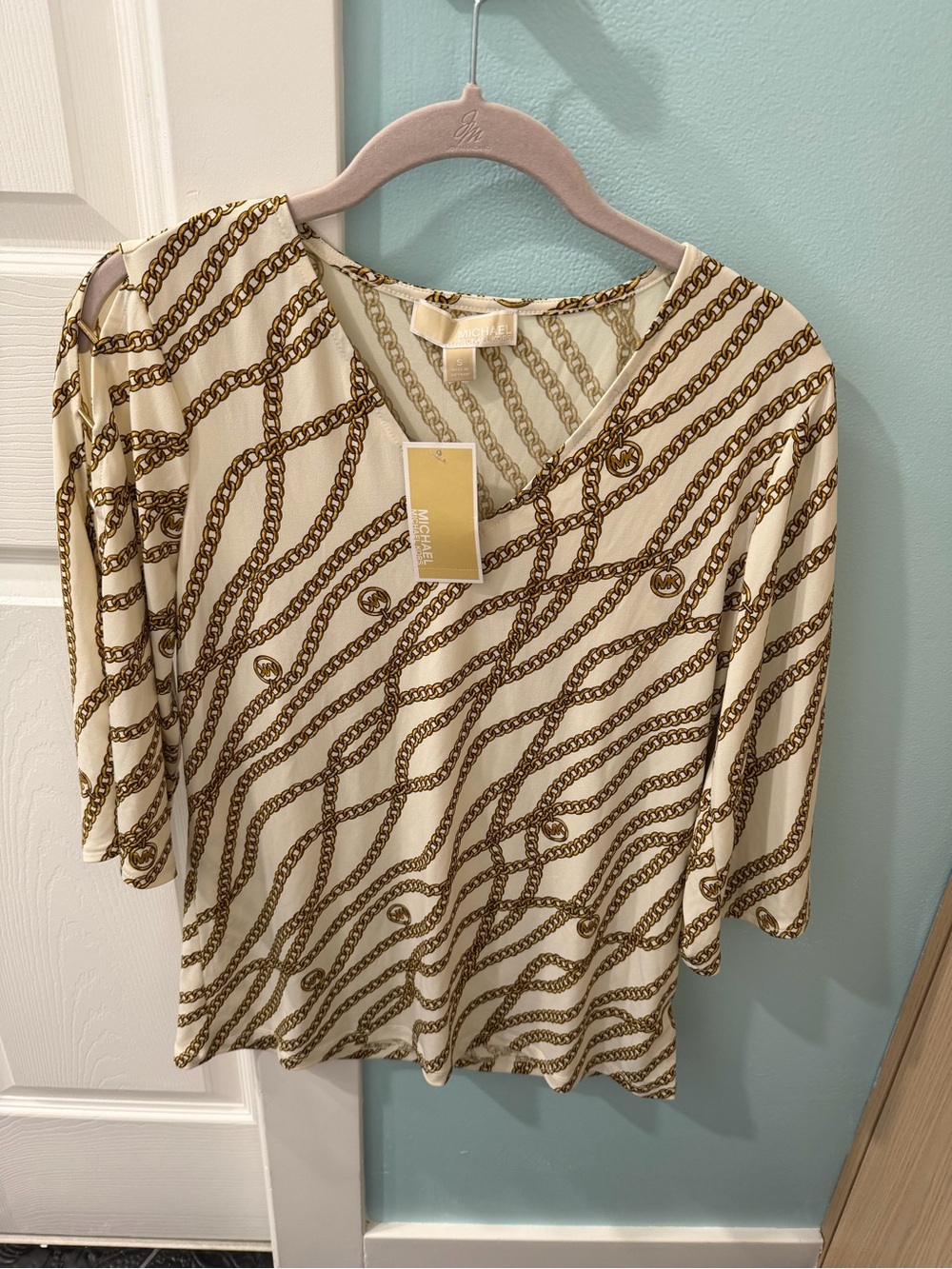 NWT Michael Kors 3/4 Sleeve Women's Stretch Blouse Cream Gold Chain Size S